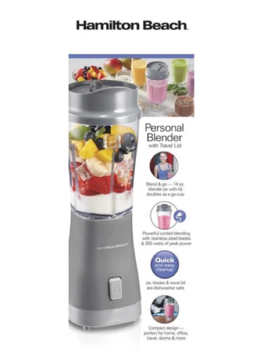 Hamilton beach Single Serve Personal Smoothie Blender with 14oz Travel cup & Lid